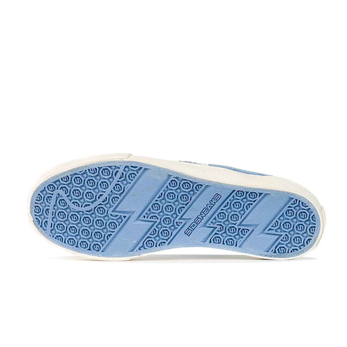 Blue rubber outsole with the SIDSNEAKS lightning pattern